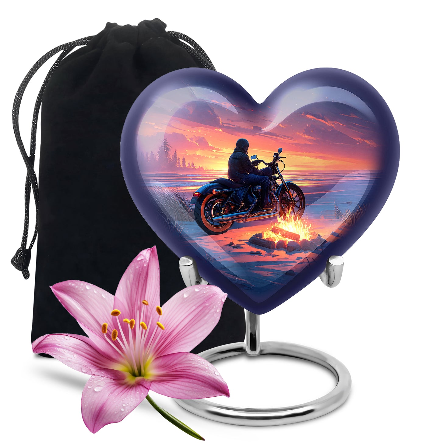 Serene Blue Bike Cremation Urn detail view - romantic heart urn with bike motif on aluminum - full-size 10 inch 200 cubic inch adult cremation urn