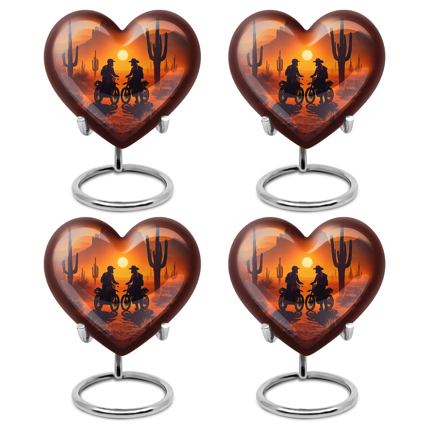 Amber Gold Bike Cremation Urn angled view of lid and engraved motif - loving heart memorial featuring bike pattern - 10 inch aluminum urn for cremated remains