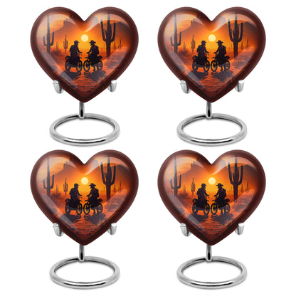 Amber Gold Bike Cremation Urn angled view of lid and engraved motif - loving heart memorial featuring bike pattern - 10 inch aluminum urn for cremated remains