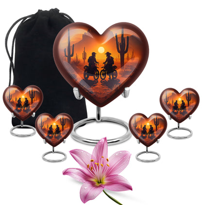 Sunrise Gold Bike Cremation Urn close-up of engraving and surface detail - heart-shaped bike design symbolizing eternal love - memorial set with one large and four small urns