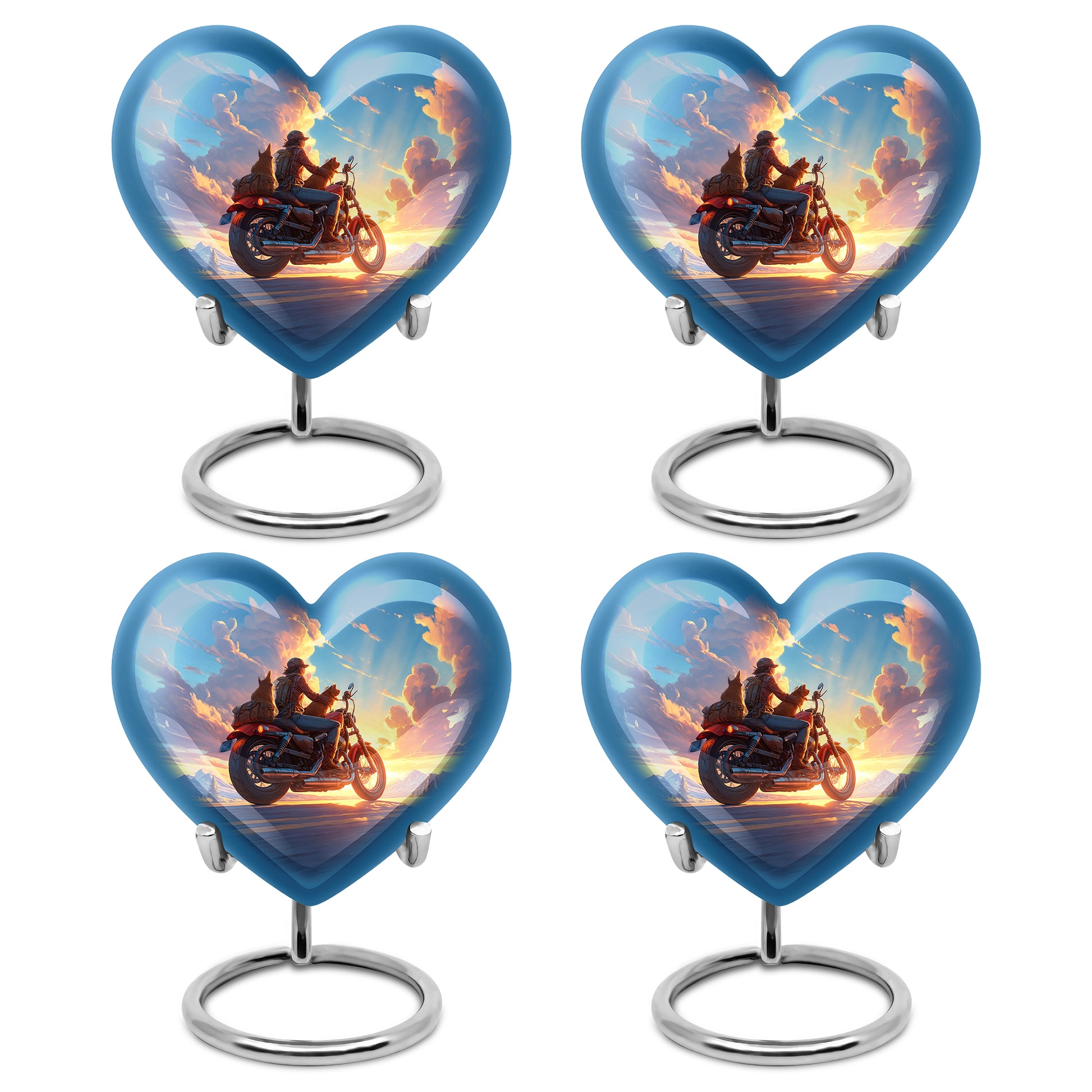 Icy Blue Bike Cremation Urn angled view of lid and engraved motif - heart-shaped bike design symbolizing eternal love - 10 inch aluminum urn for cremated remains