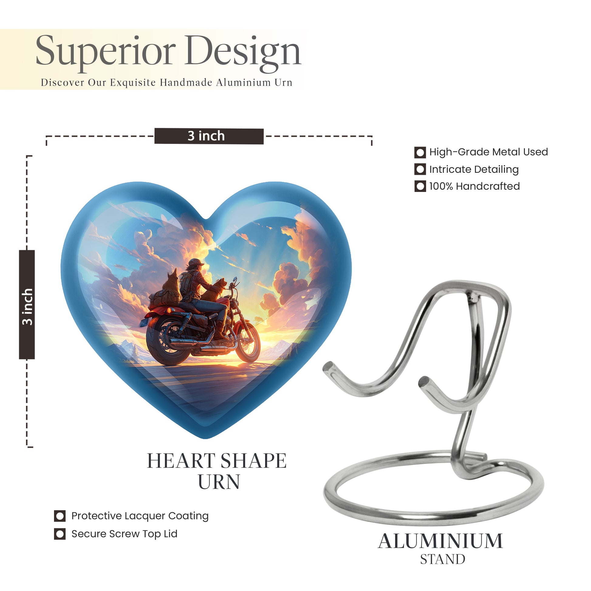 Dusty Blue Bike Cremation Urn front view showing detailed design - heart-shaped bike design symbolizing eternal love - mini keepsake memorial for portion of cremation ashes