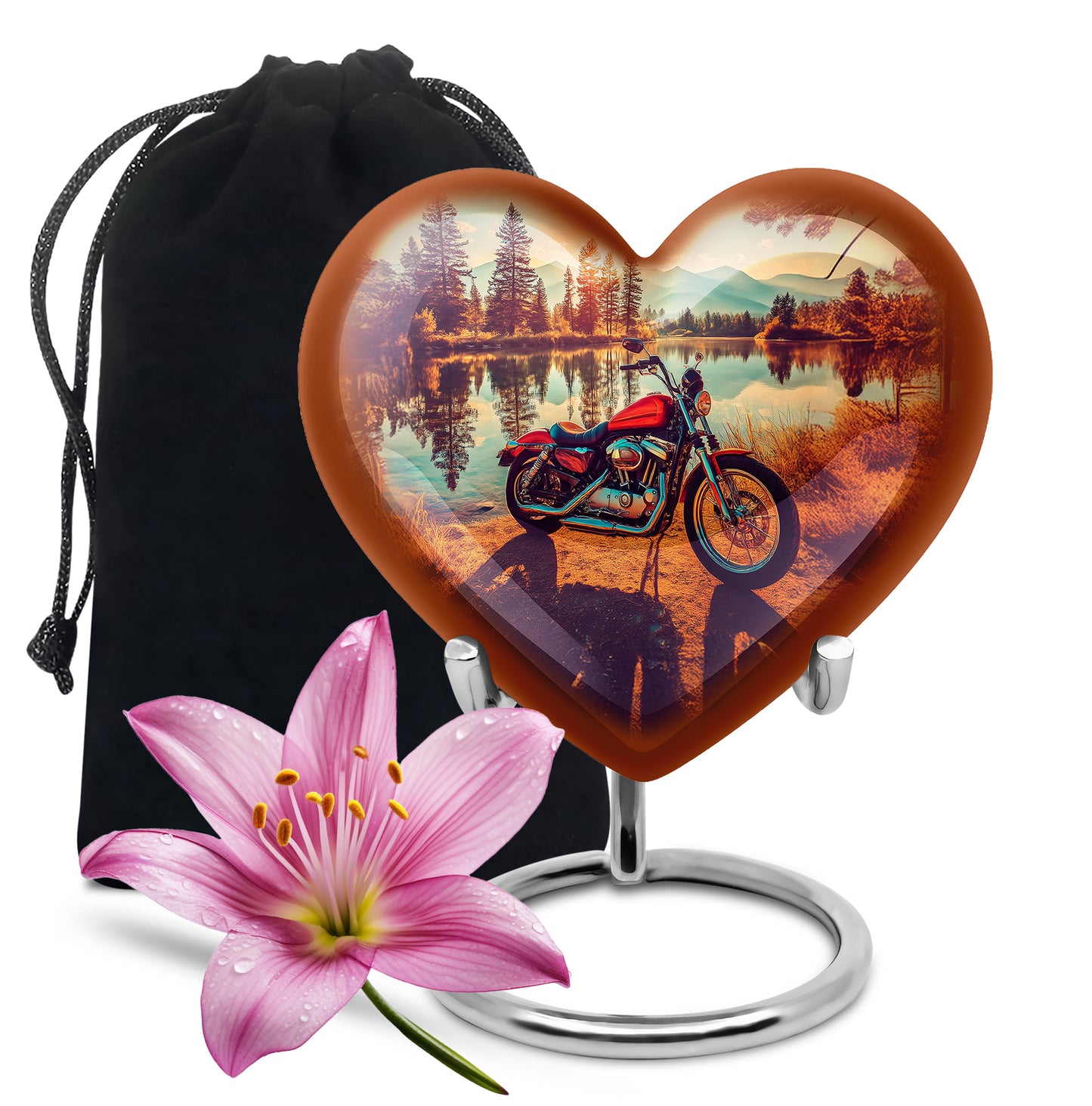 Burnished Gold Bike Cremation Urn detail view - compassionate heart-bike combination with gentle curves - full-size 10 inch 200 cubic inch adult cremation urn