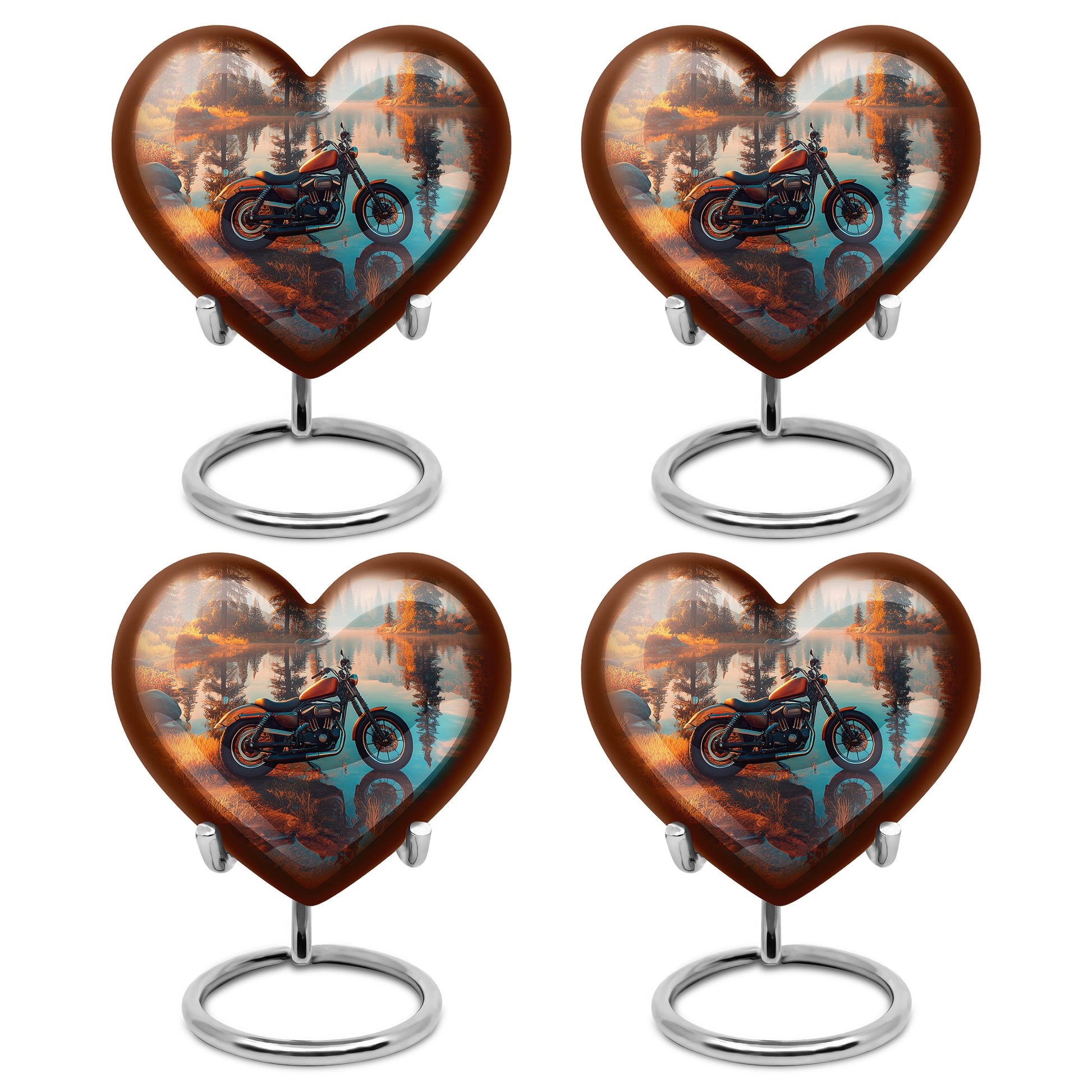 Antique Gold Bike Cremation Urn angled view of lid and engraved motif - heart-shaped bike design symbolizing eternal love - 10 inch aluminum urn for cremated remains
