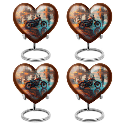 Antique Gold Bike Cremation Urn angled view of lid and engraved motif - heart-shaped bike design symbolizing eternal love - 10 inch aluminum urn for cremated remains