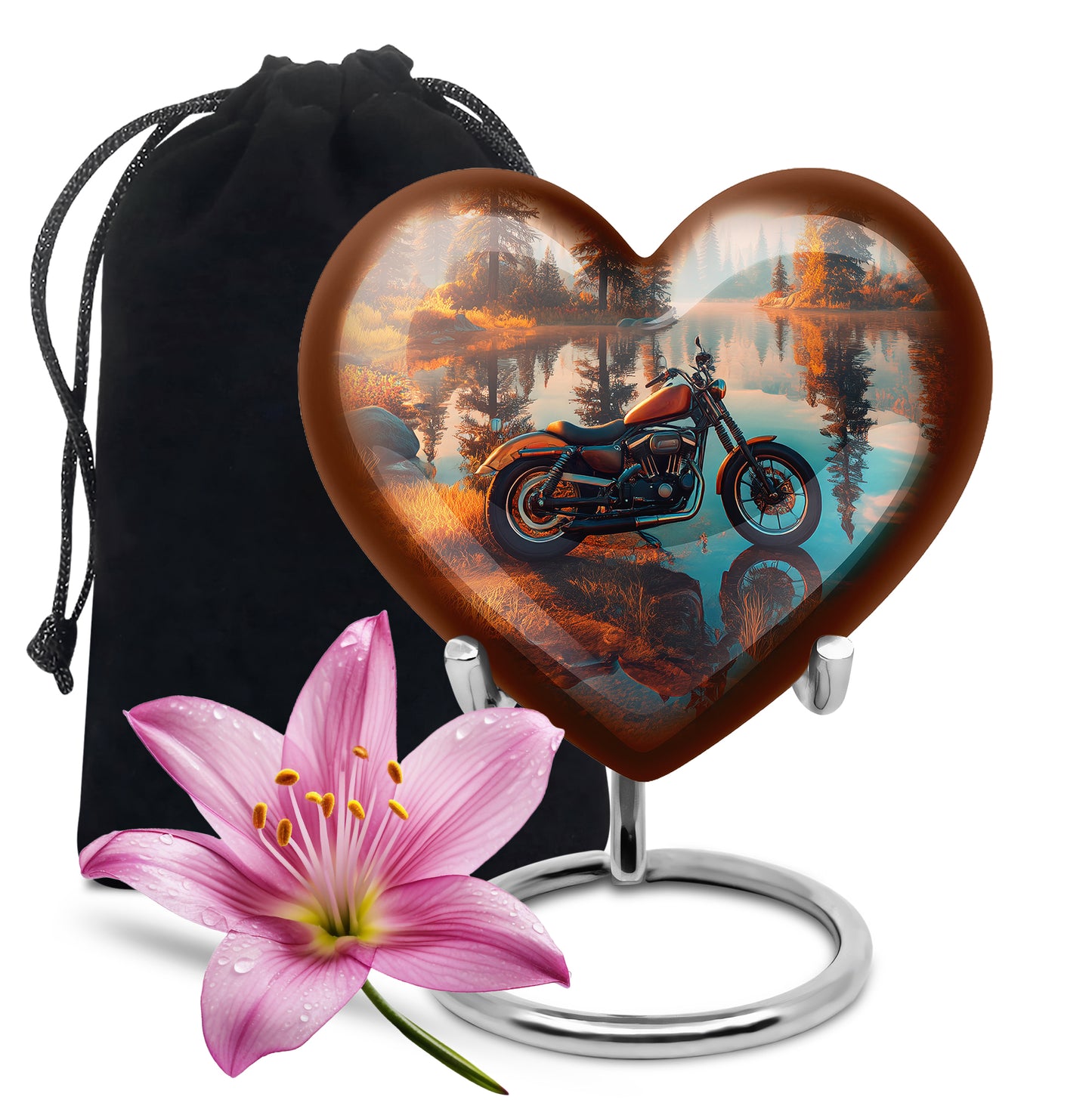 Royal Gold Bike Cremation Urn detail view - romantic heart urn with bike motif on aluminum - full-size 10 inch 200 cubic inch adult cremation urn