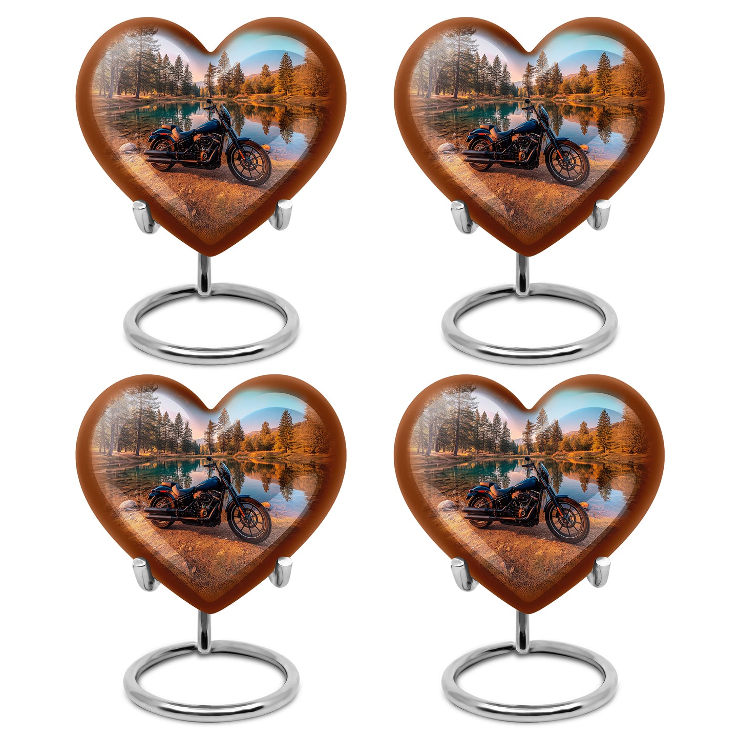 Sea Green Teal Bike Cremation Urn angled view of lid and engraved motif - heart-shaped bike design symbolizing eternal love - 10 inch aluminum urn for cremated remains