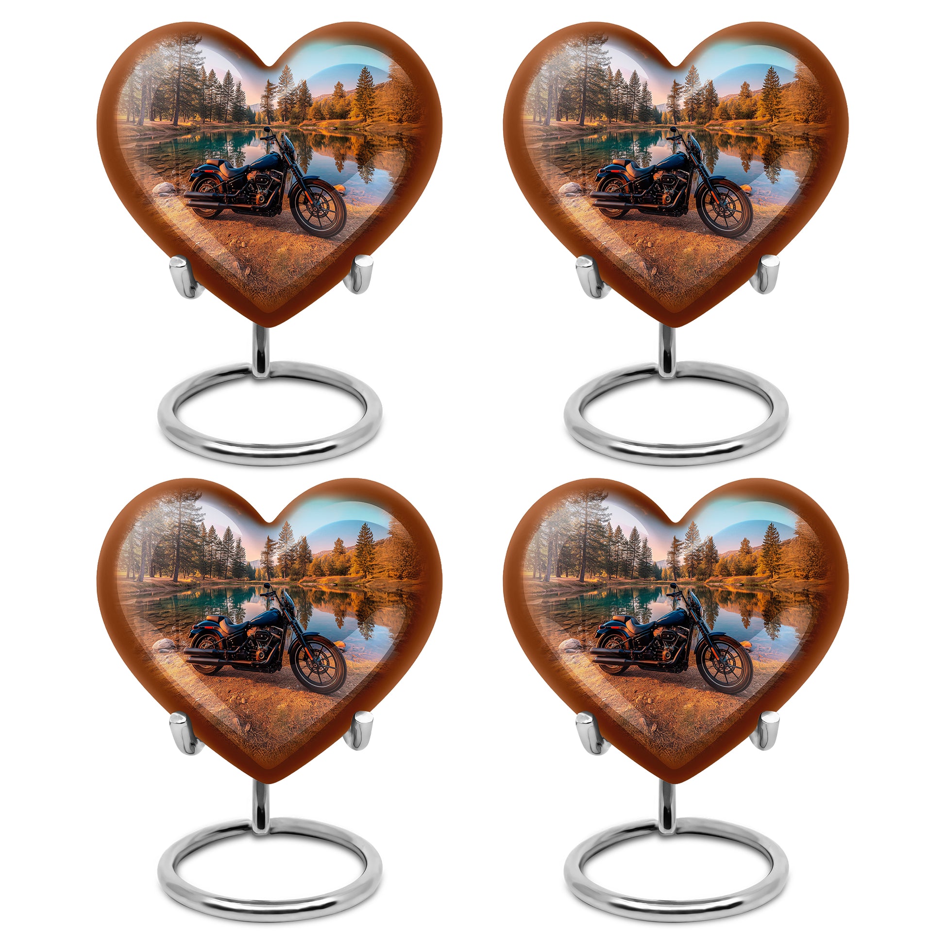 Sea Green Teal Bike Cremation Urn angled view of lid and engraved motif - heart-shaped bike design symbolizing eternal love - 10 inch aluminum urn for cremated remains