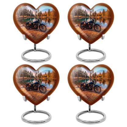 Sea Green Teal Bike Cremation Urn angled view of lid and engraved motif - heart-shaped bike design symbolizing eternal love - 10 inch aluminum urn for cremated remains