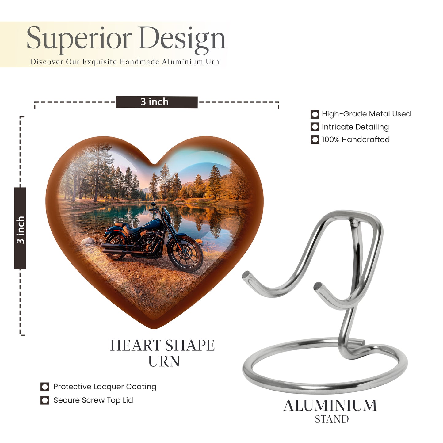 Mystic Teal Bike Cremation Urn front view showing detailed design - romantic heart urn with bike motif on aluminum - mini keepsake memorial for portion of cremation ashes