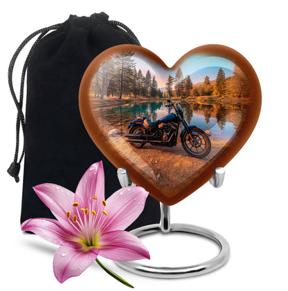 Soft Teal Bike Cremation Urn detail view - loving heart memorial featuring bike pattern - full-size 10 inch 200 cubic inch adult cremation urn