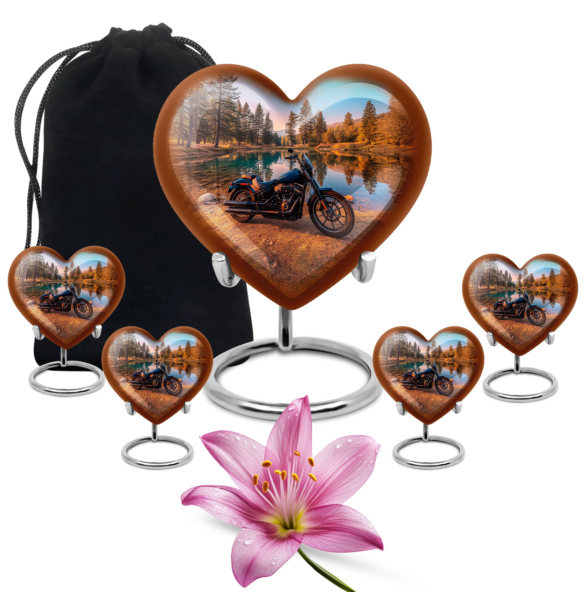 Soft Teal Bike Cremation Urn close-up of engraving and surface detail - heart-shaped bike design symbolizing eternal love - memorial set with one large and four small urns