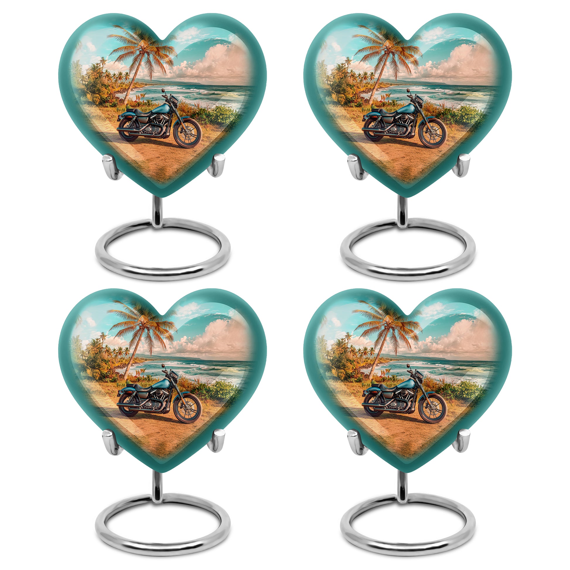 Ocean Teal Bike Cremation Urn angled view of lid and engraved motif - heart-shaped bike design symbolizing eternal love - 10 inch aluminum urn for cremated remains