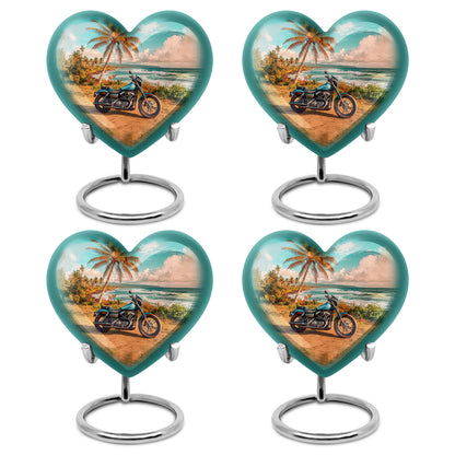 Ocean Teal Bike Cremation Urn angled view of lid and engraved motif - heart-shaped bike design symbolizing eternal love - 10 inch aluminum urn for cremated remains