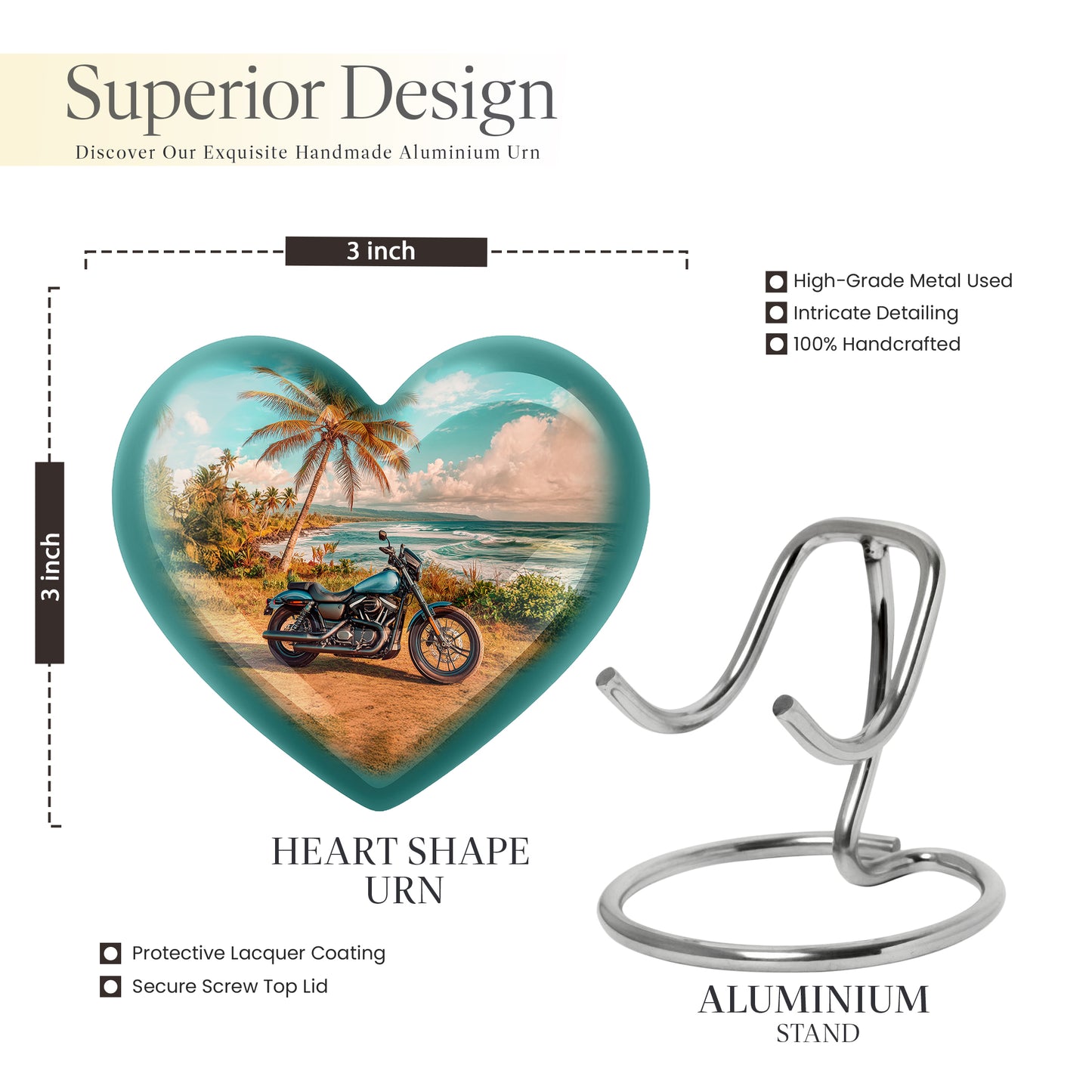 Deep Teal Bike Cremation Urn front view showing detailed design - romantic heart urn with bike motif on aluminum - mini keepsake memorial for portion of cremation ashes