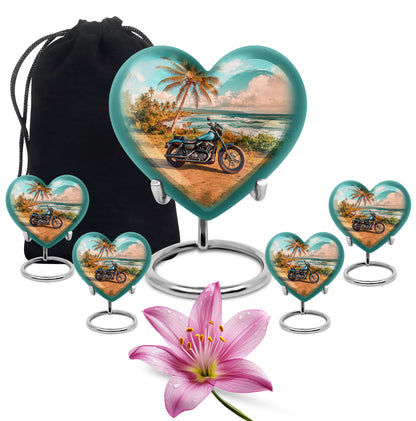 Vivid Teal Bike Cremation Urn close-up of engraving and surface detail - romantic heart urn with bike motif on aluminum - memorial set with one large and four small urns