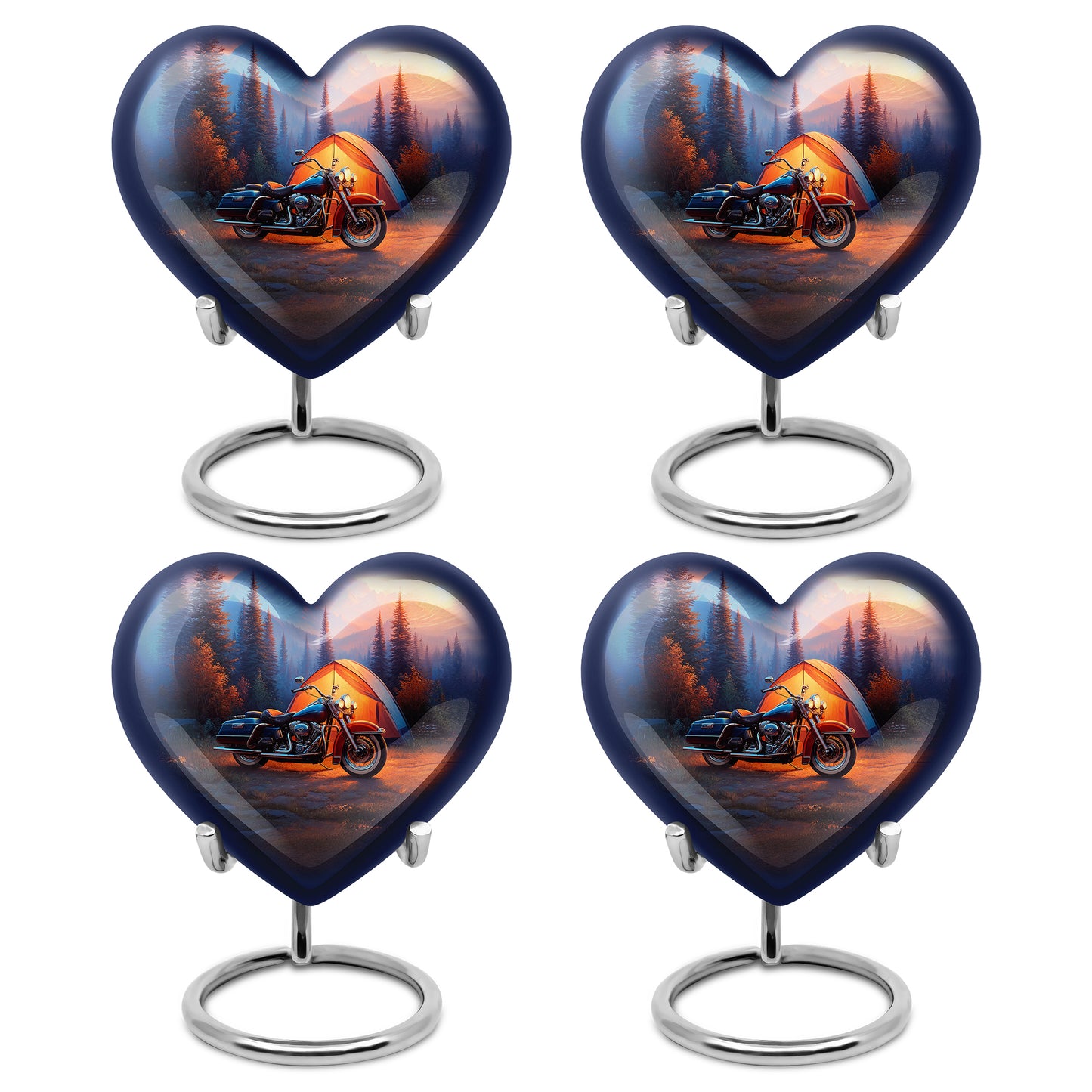 Vivid Blue Bike Cremation Urn angled view of lid and engraved motif - romantic heart urn with bike motif on aluminum - 10 inch aluminum urn for cremated remains