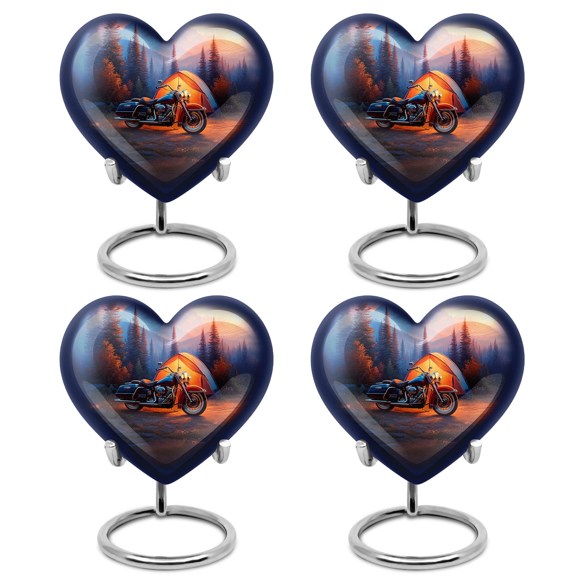 Vivid Blue Bike Cremation Urn angled view of lid and engraved motif - romantic heart urn with bike motif on aluminum - 10 inch aluminum urn for cremated remains