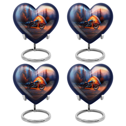 Vivid Blue Bike Cremation Urn angled view of lid and engraved motif - romantic heart urn with bike motif on aluminum - 10 inch aluminum urn for cremated remains