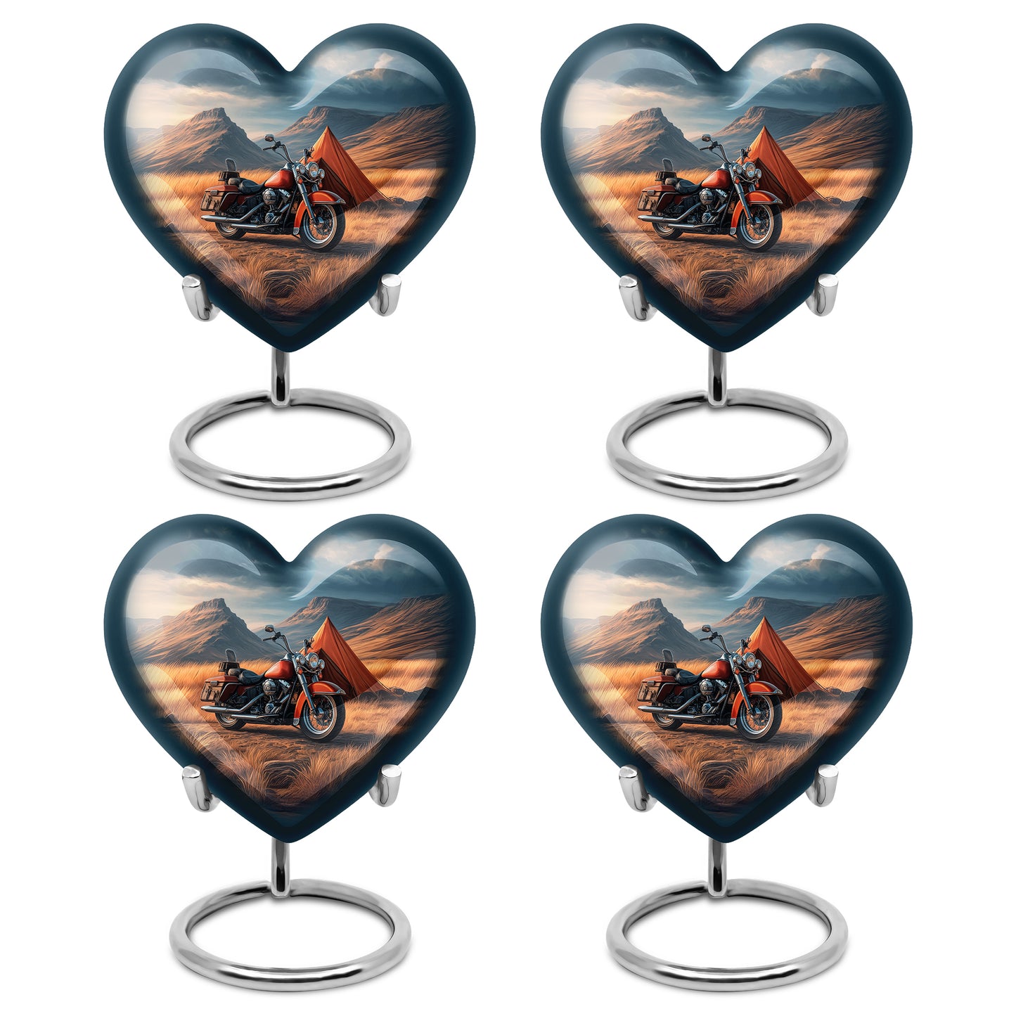 Steel Blue Bike Cremation Urn angled view of lid and engraved motif - compassionate heart-bike combination with gentle curves - 10 inch aluminum urn for cremated remains