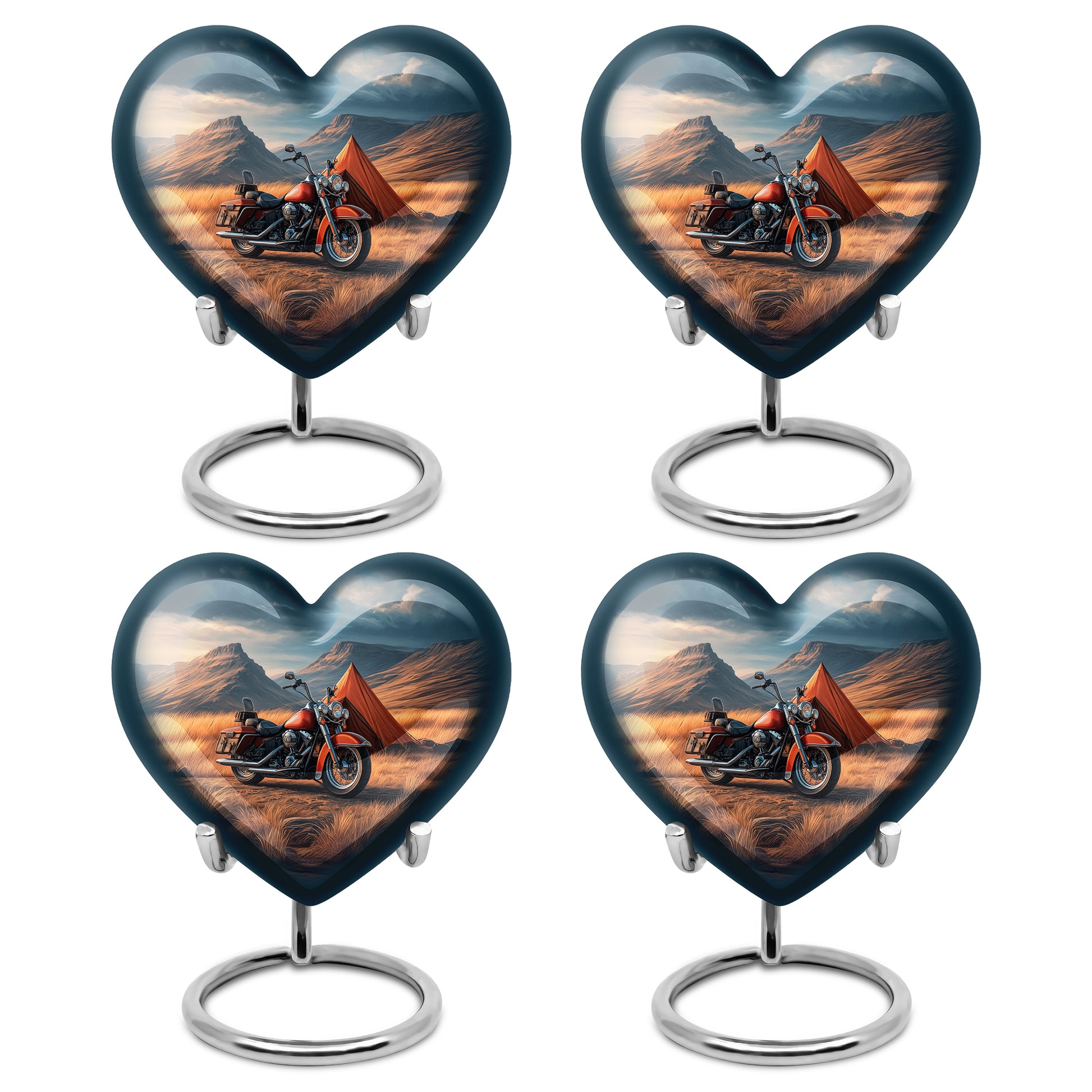 Steel Blue Bike Cremation Urn angled view of lid and engraved motif - compassionate heart-bike combination with gentle curves - 10 inch aluminum urn for cremated remains