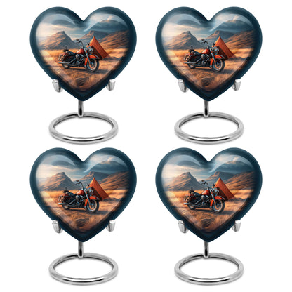 Steel Blue Bike Cremation Urn angled view of lid and engraved motif - compassionate heart-bike combination with gentle curves - 10 inch aluminum urn for cremated remains