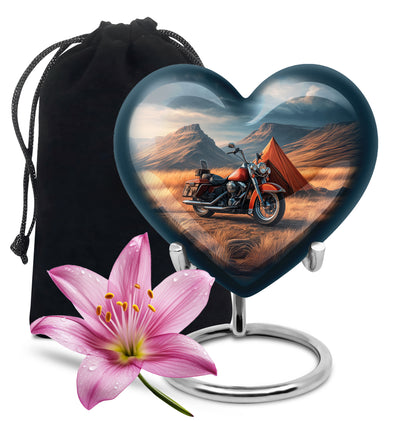 Icy Blue Bike Cremation Urn detail view - loving heart memorial featuring bike pattern - full-size 10 inch 200 cubic inch adult cremation urn