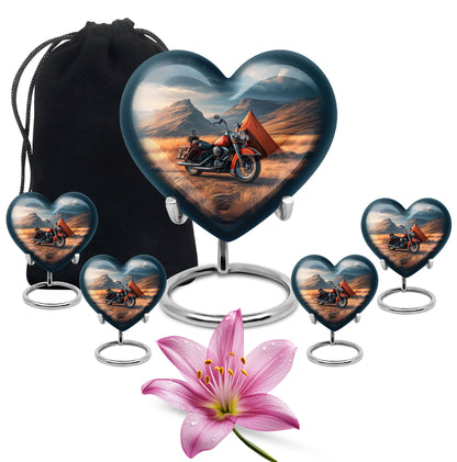 Royal Blue Bike Cremation Urn close-up of engraving and surface detail - romantic heart urn with bike motif on aluminum - memorial set with one large and four small urns
