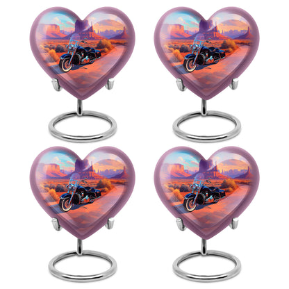Soft Teal Bike Cremation Urn angled view of lid and engraved motif - heart-shaped bike design symbolizing eternal love - 10 inch aluminum urn for cremated remains