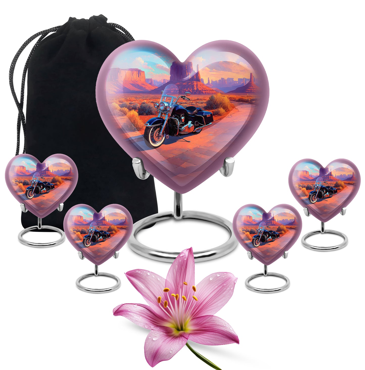 Sea Green Teal Bike Cremation Urn close-up of engraving and surface detail - heart-shaped bike design symbolizing eternal love - memorial set with one large and four small urns