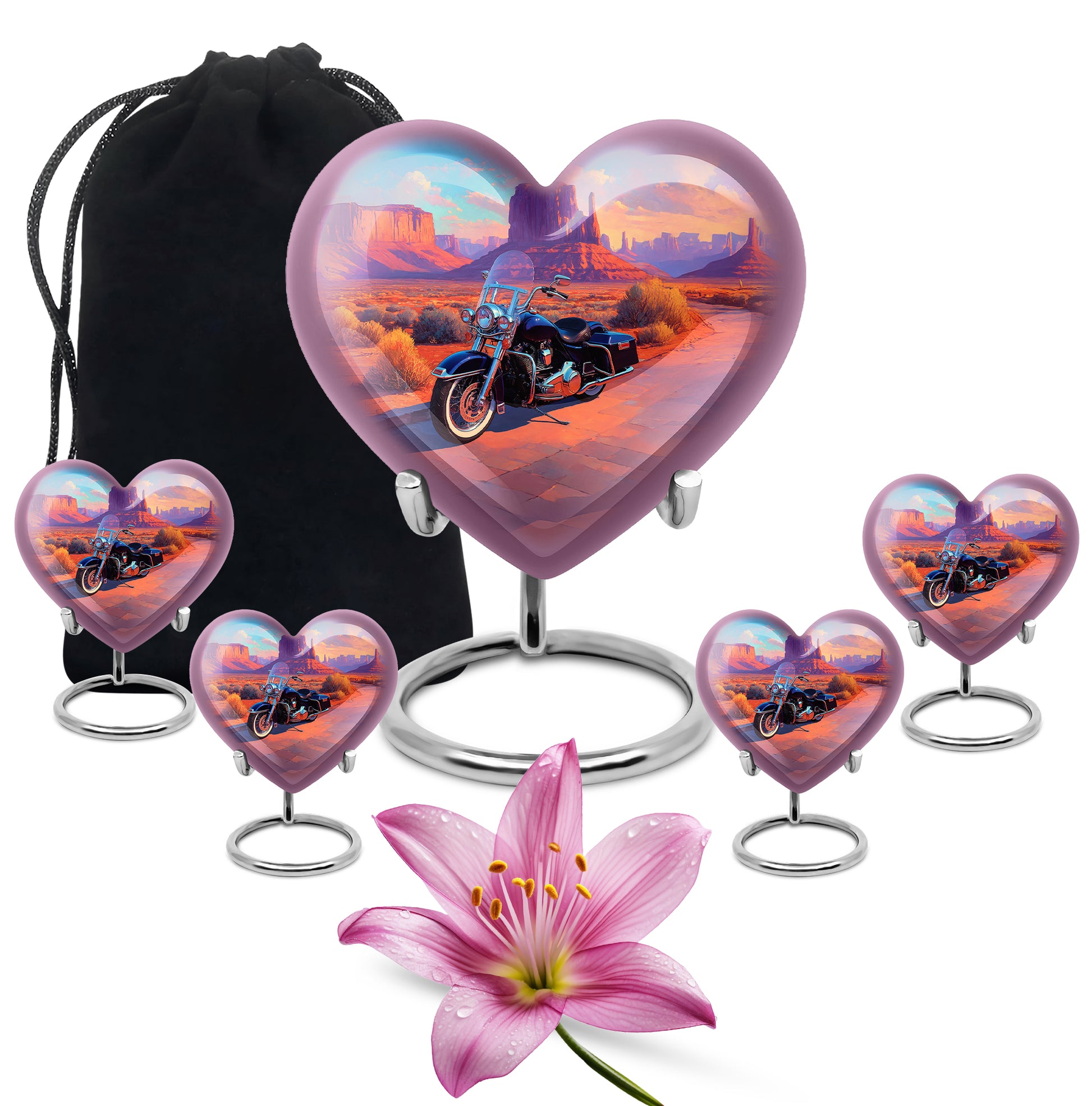 Sea Green Teal Bike Cremation Urn close-up of engraving and surface detail - heart-shaped bike design symbolizing eternal love - memorial set with one large and four small urns