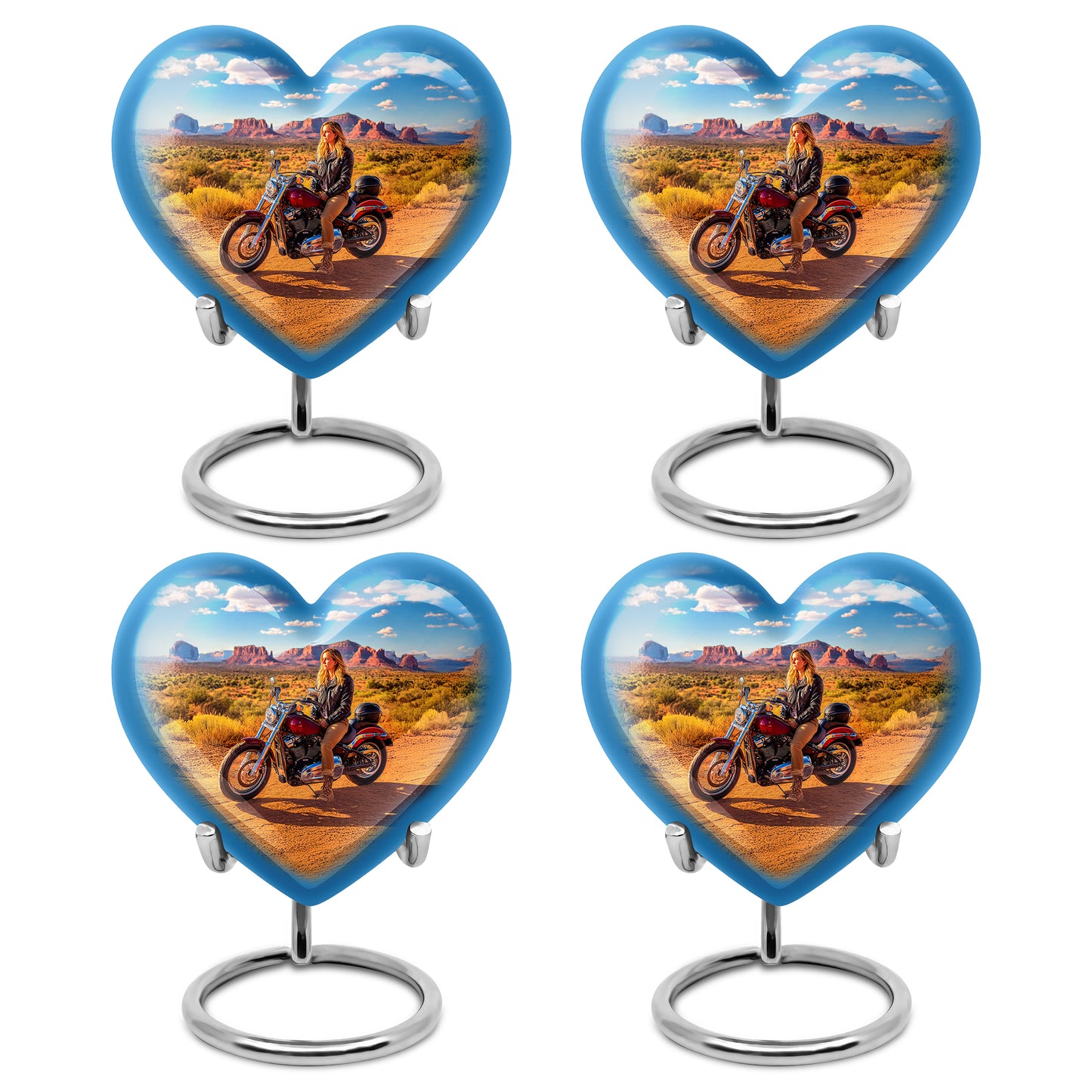 Steel Blue Bike Cremation Urn angled view of lid and engraved motif - compassionate heart-bike combination with gentle curves - 10 inch aluminum urn for cremated remains
