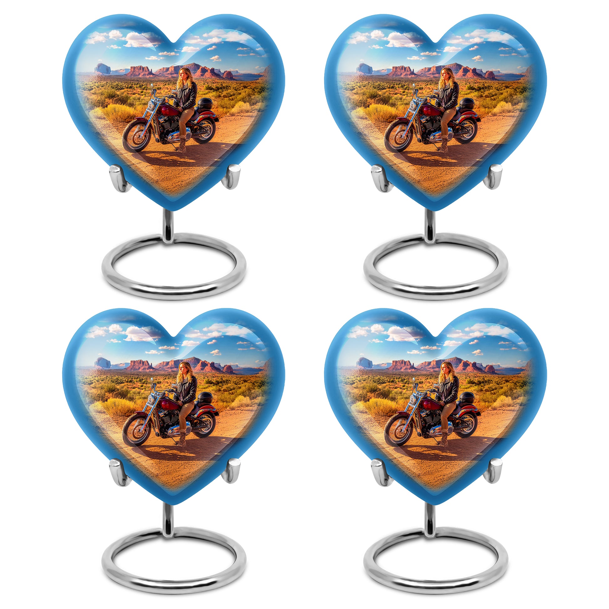 Steel Blue Bike Cremation Urn angled view of lid and engraved motif - compassionate heart-bike combination with gentle curves - 10 inch aluminum urn for cremated remains