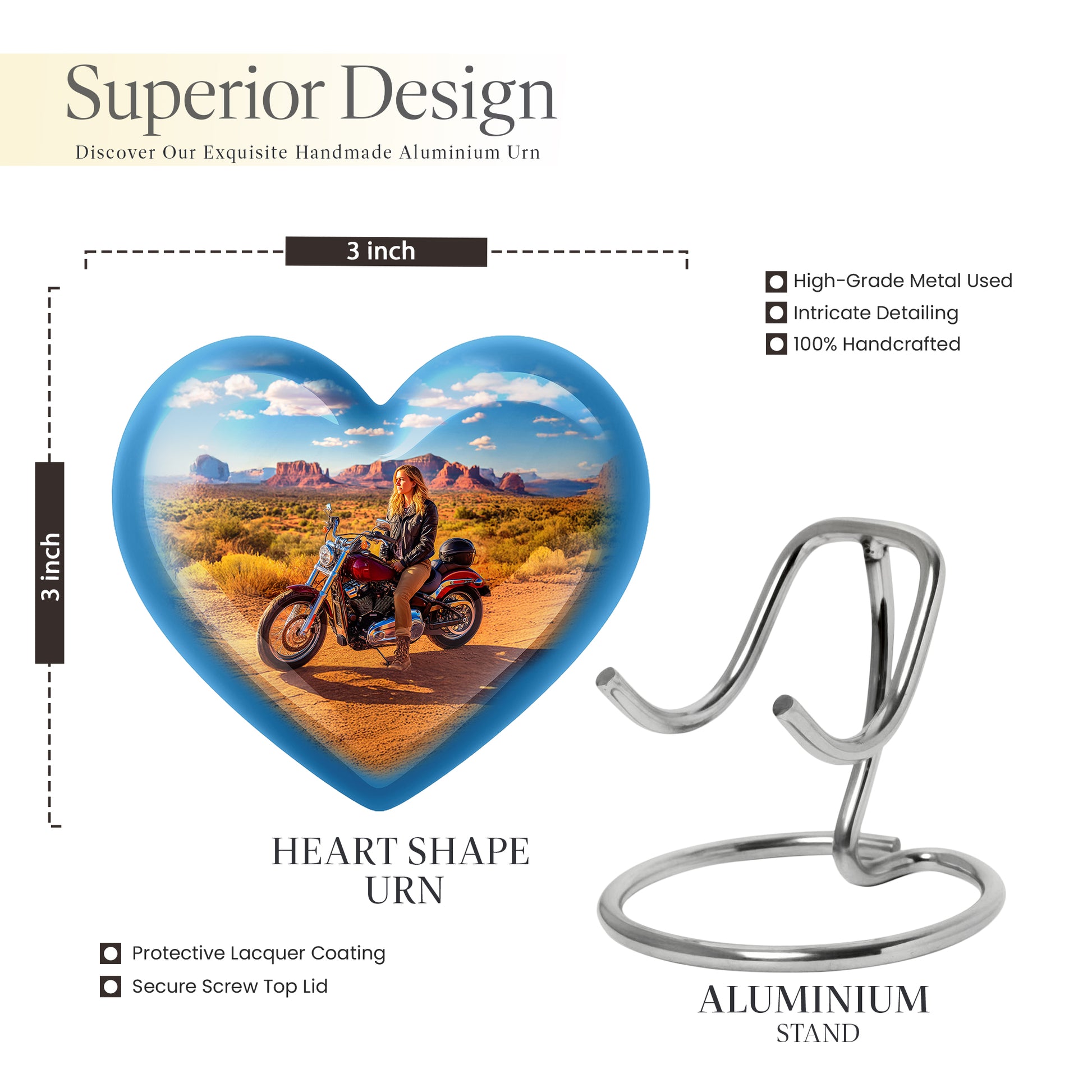 Serene Blue Bike Cremation Urn front view showing detailed design - romantic heart urn with bike motif on aluminum - mini keepsake memorial for portion of cremation ashes