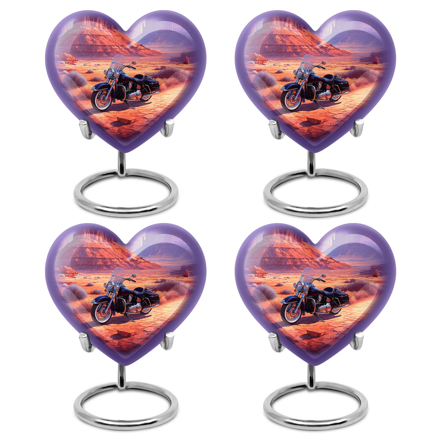 Scarlet Red Bike Cremation Urn angled view of lid and engraved motif - compassionate heart-bike combination with gentle curves - 10 inch aluminum urn for cremated remains