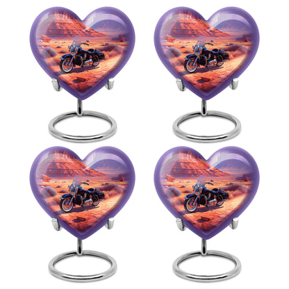 Scarlet Red Bike Cremation Urn angled view of lid and engraved motif - compassionate heart-bike combination with gentle curves - 10 inch aluminum urn for cremated remains