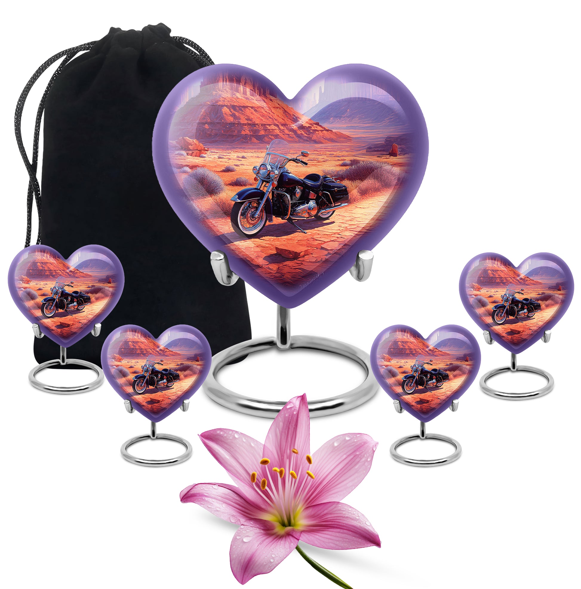 Garnet Red Bike Cremation Urn close-up of engraving and surface detail - loving heart memorial featuring bike pattern - memorial set with one large and four small urns