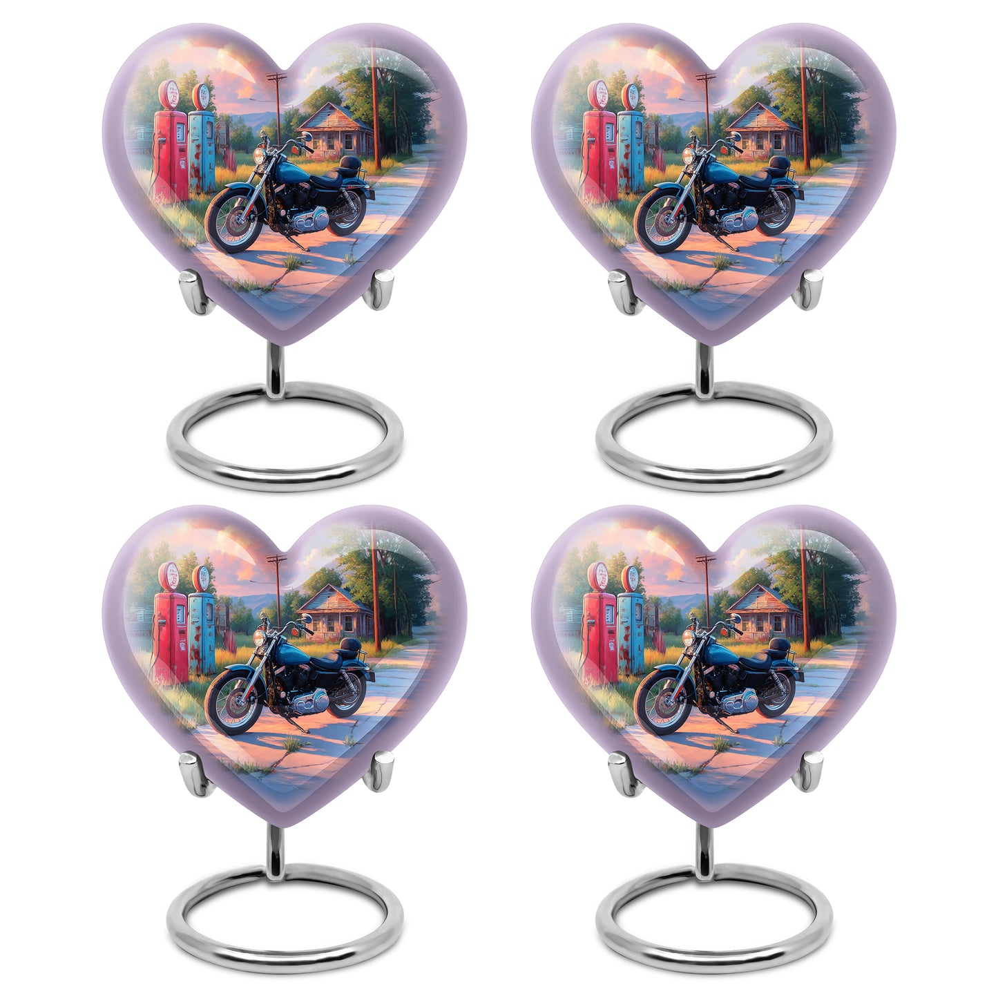Powder Blue Bike Cremation Urn angled view of lid and engraved motif - loving heart memorial featuring bike pattern - 10 inch aluminum urn for cremated remains