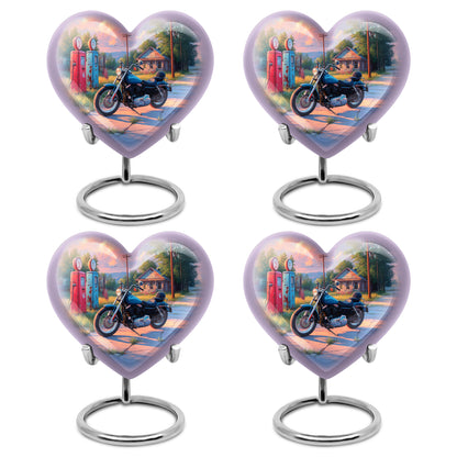 Powder Blue Bike Cremation Urn angled view of lid and engraved motif - loving heart memorial featuring bike pattern - 10 inch aluminum urn for cremated remains