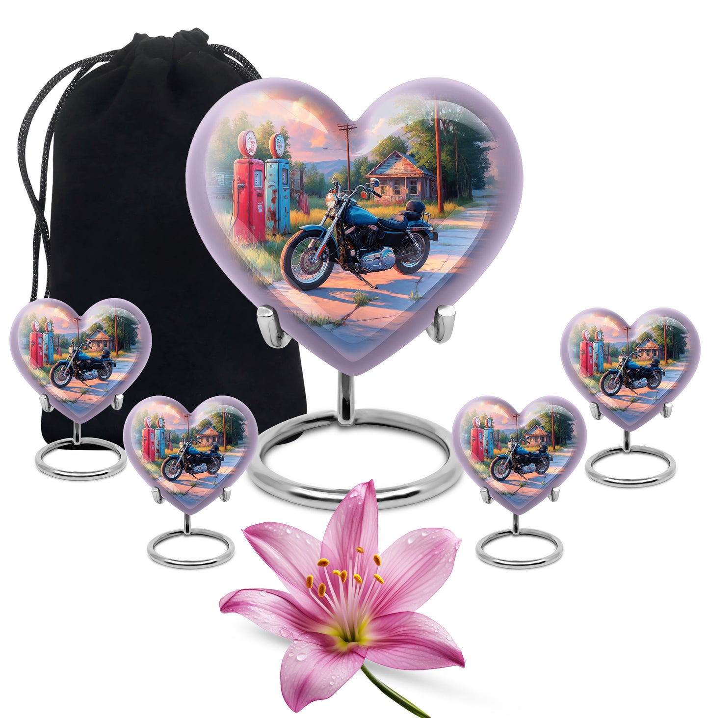 Soft Blue Bike Cremation Urn close-up of engraving and surface detail - romantic heart urn with bike motif on aluminum - memorial set with one large and four small urns