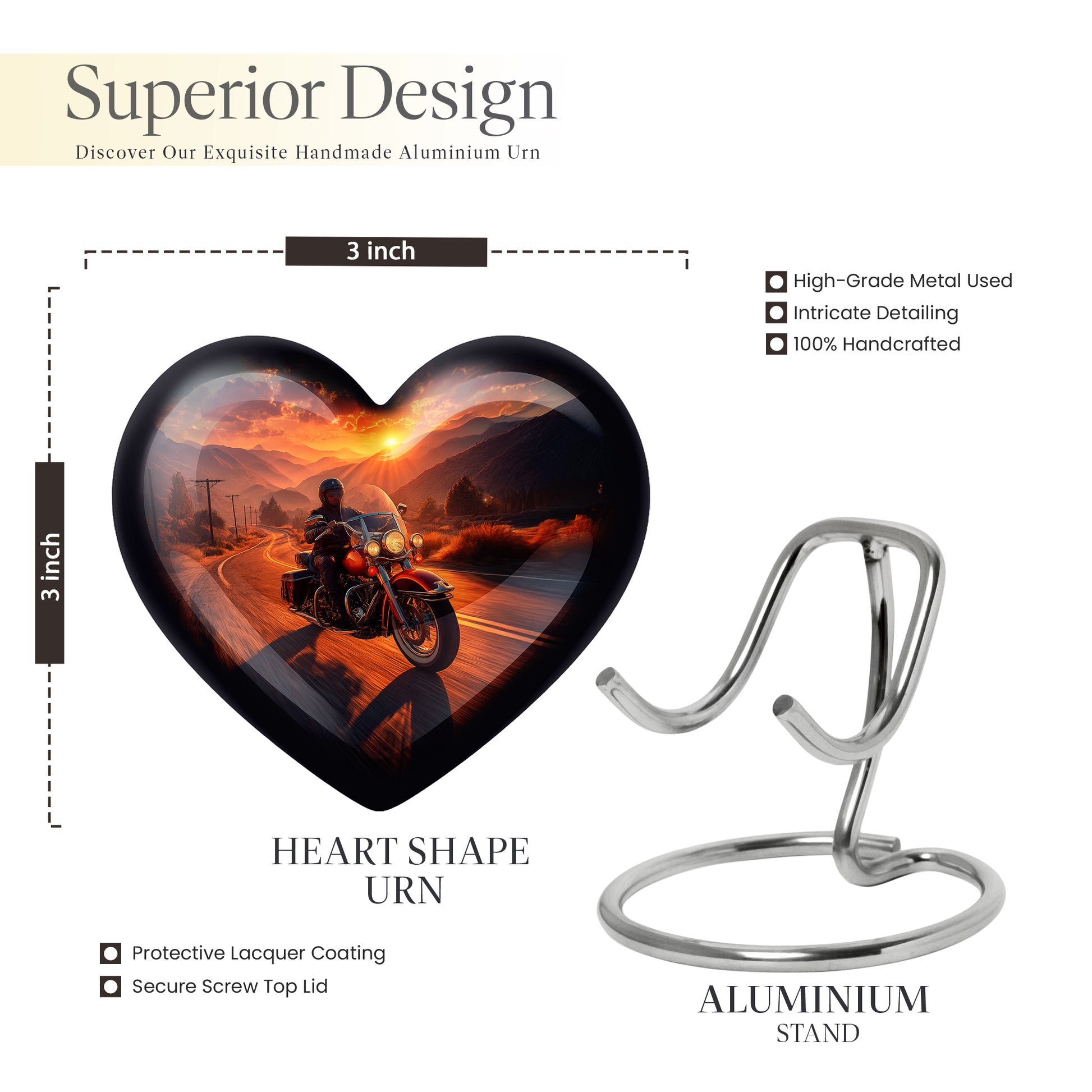 Amber Gold Bike Cremation Urn front view showing detailed design - loving heart memorial featuring bike pattern - mini keepsake memorial for portion of cremation ashes