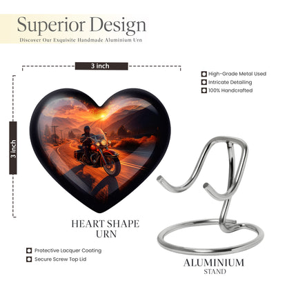 Amber Gold Bike Cremation Urn front view showing detailed design - loving heart memorial featuring bike pattern - mini keepsake memorial for portion of cremation ashes