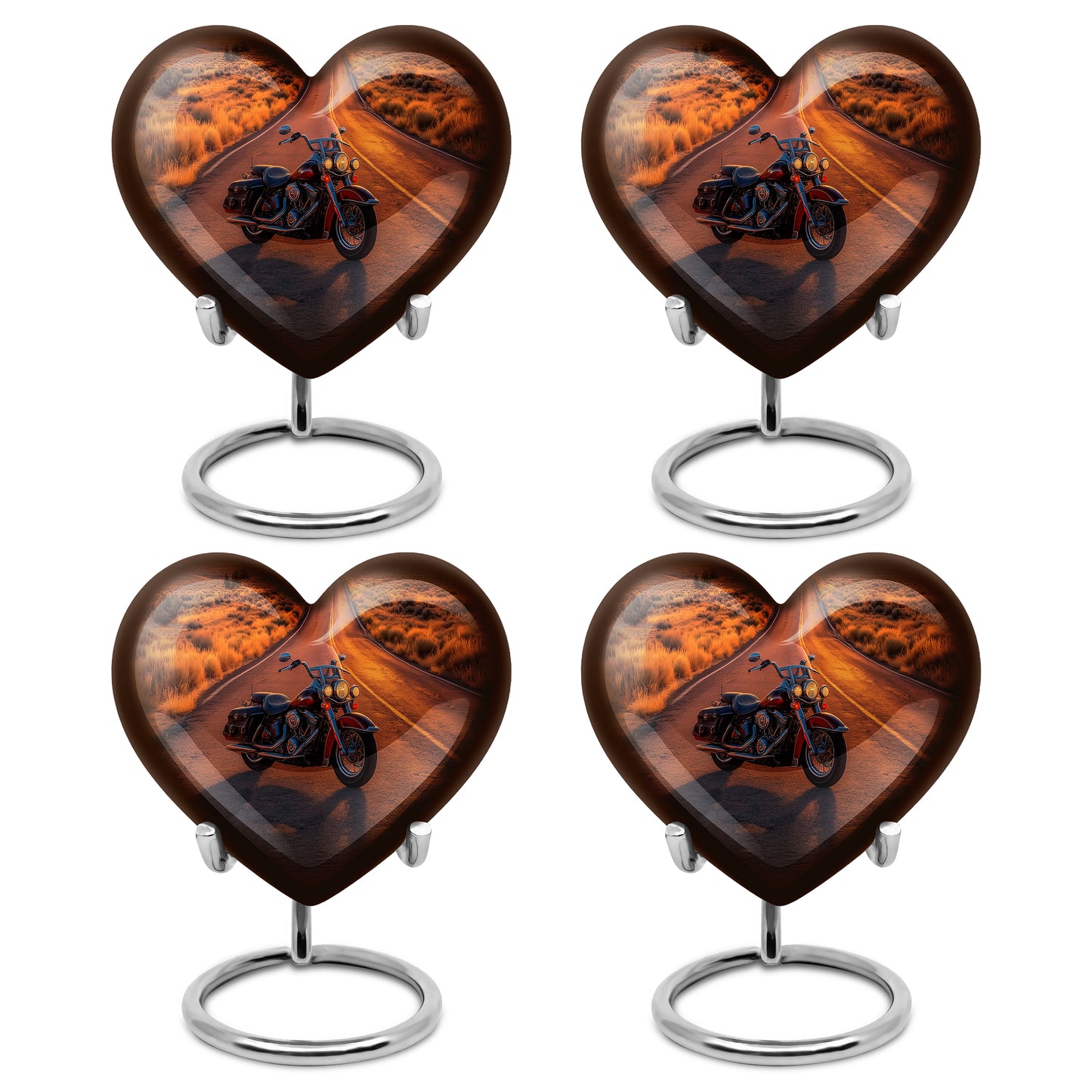 Garnet Red Bike Cremation Urn angled view of lid and engraved motif - heart-shaped bike design symbolizing eternal love - 10 inch aluminum urn for cremated remains