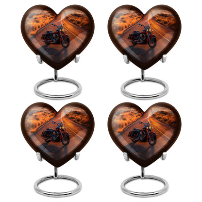 Garnet Red Bike Cremation Urn angled view of lid and engraved motif - heart-shaped bike design symbolizing eternal love - 10 inch aluminum urn for cremated remains