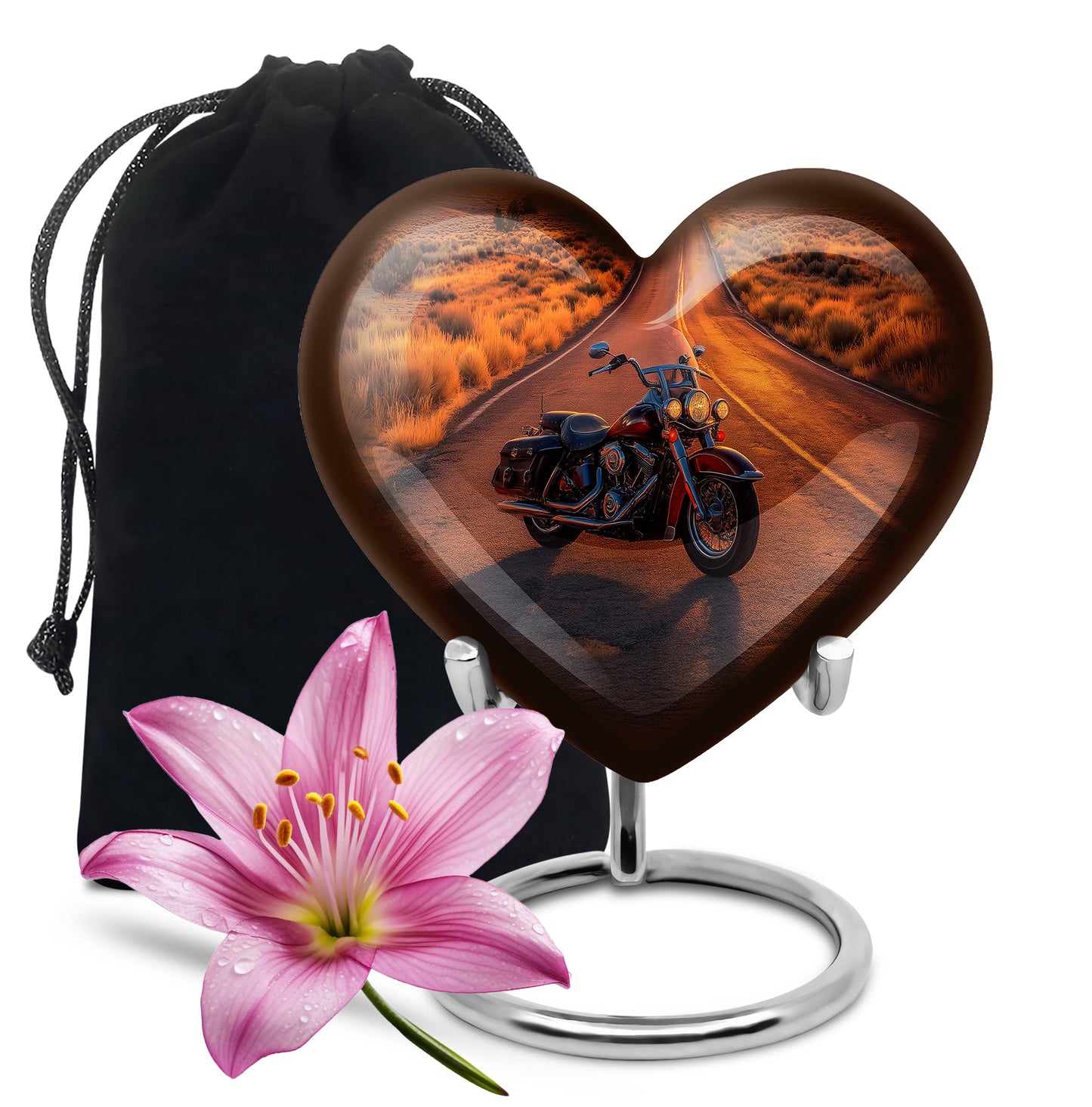 Deep Red Bike Cremation Urn detail view - loving heart memorial featuring bike pattern - full-size 10 inch 200 cubic inch adult cremation urn