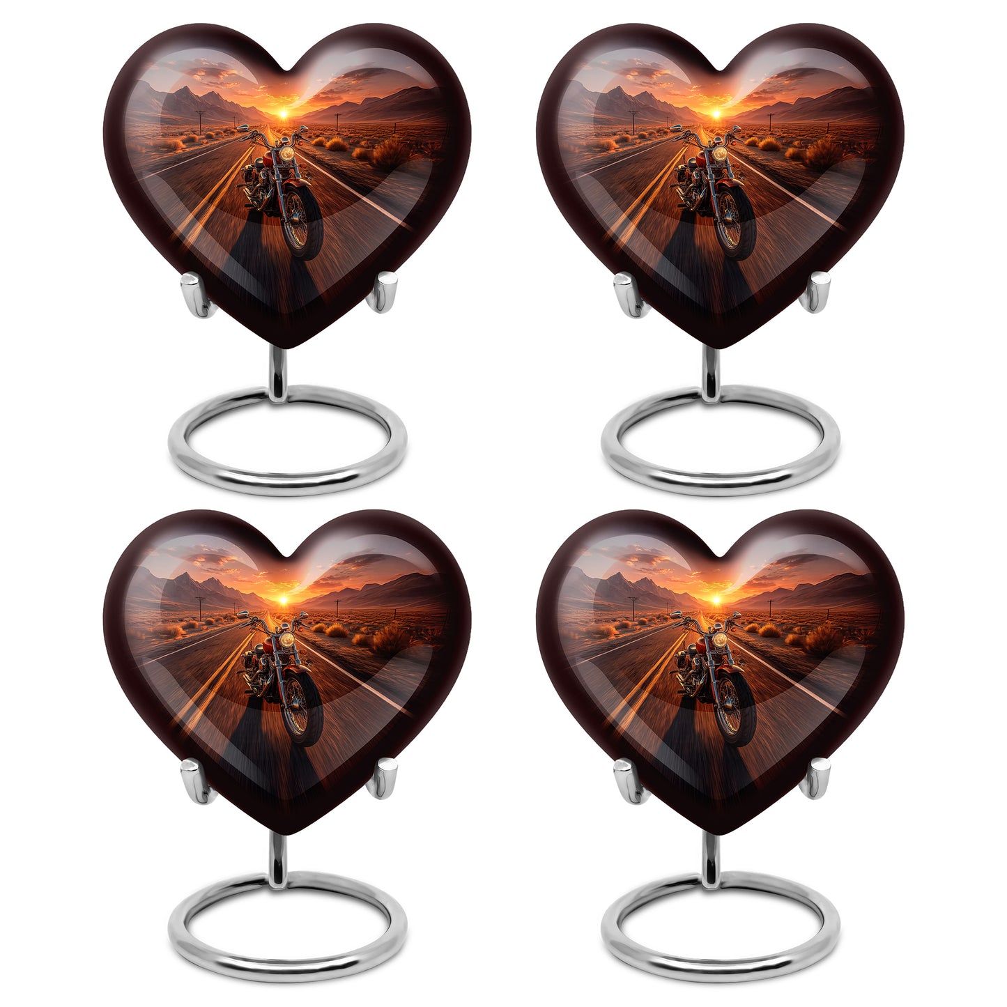Champagne Gold Bike Cremation Urn angled view of lid and engraved motif - loving heart memorial featuring bike pattern - 10 inch aluminum urn for cremated remains