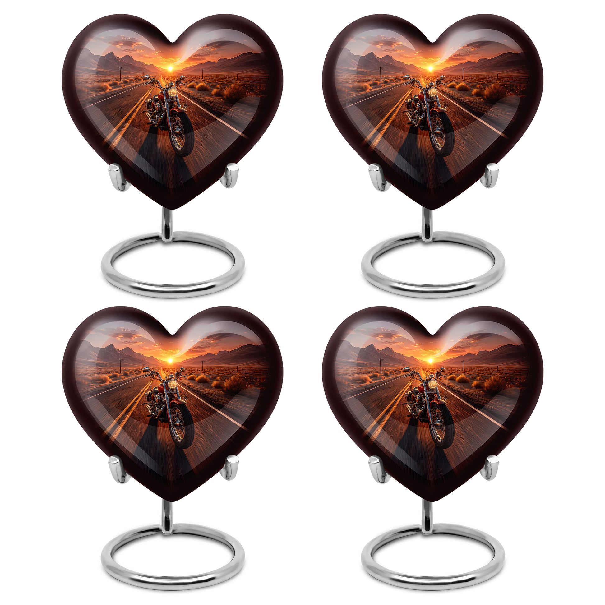 Champagne Gold Bike Cremation Urn angled view of lid and engraved motif - loving heart memorial featuring bike pattern - 10 inch aluminum urn for cremated remains