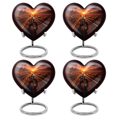 Champagne Gold Bike Cremation Urn angled view of lid and engraved motif - loving heart memorial featuring bike pattern - 10 inch aluminum urn for cremated remains