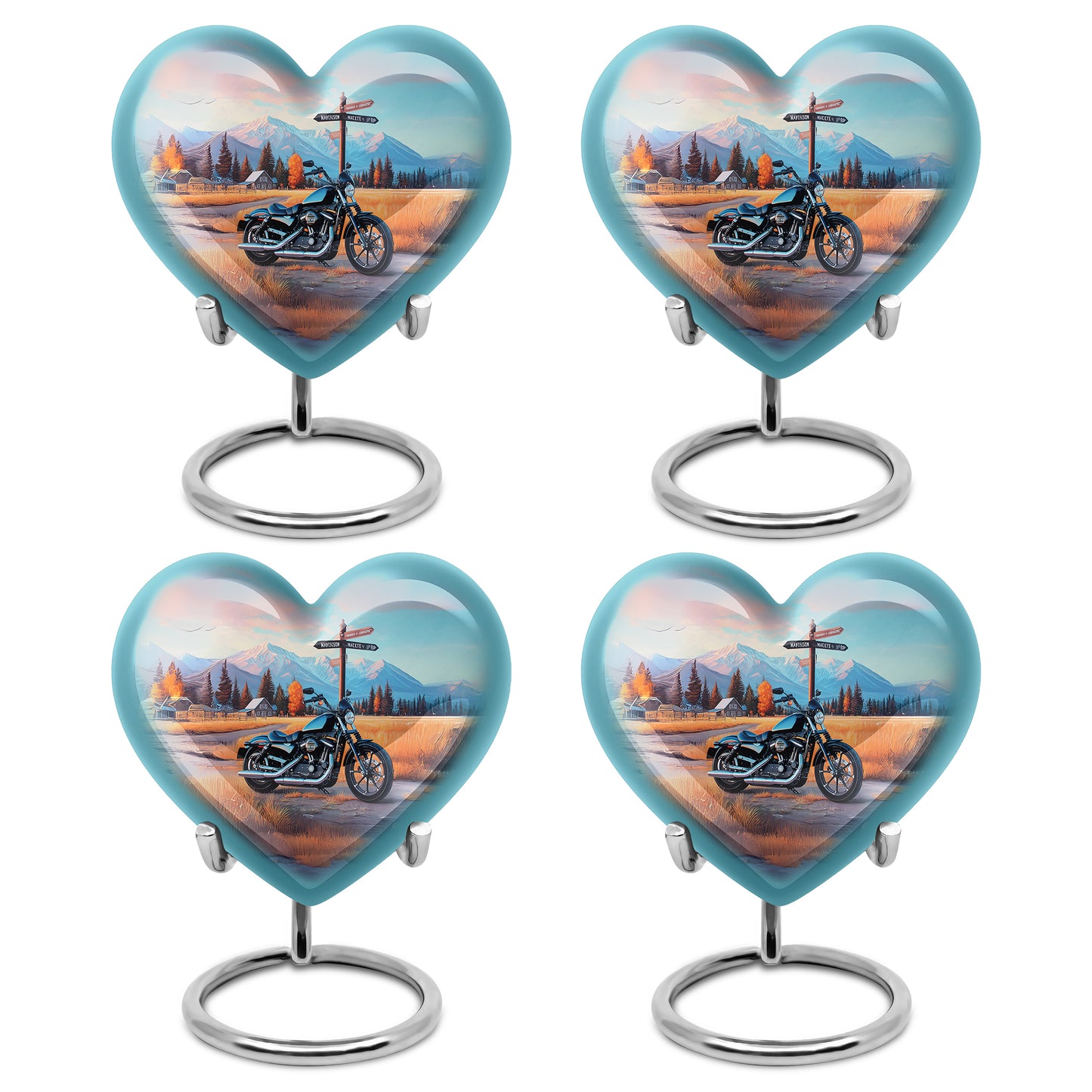 Bright Blue Bike Cremation Urn angled view of lid and engraved motif - compassionate heart-bike combination with gentle curves - 10 inch aluminum urn for cremated remains