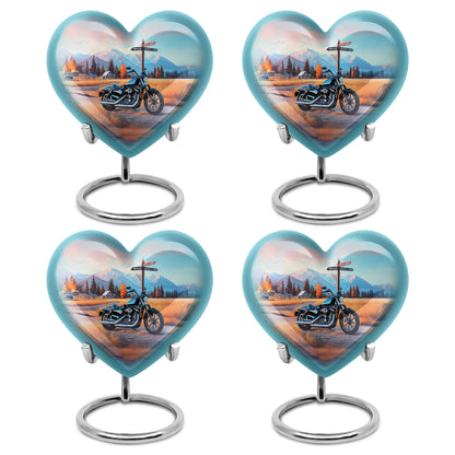 Bright Blue Bike Cremation Urn angled view of lid and engraved motif - compassionate heart-bike combination with gentle curves - 10 inch aluminum urn for cremated remains